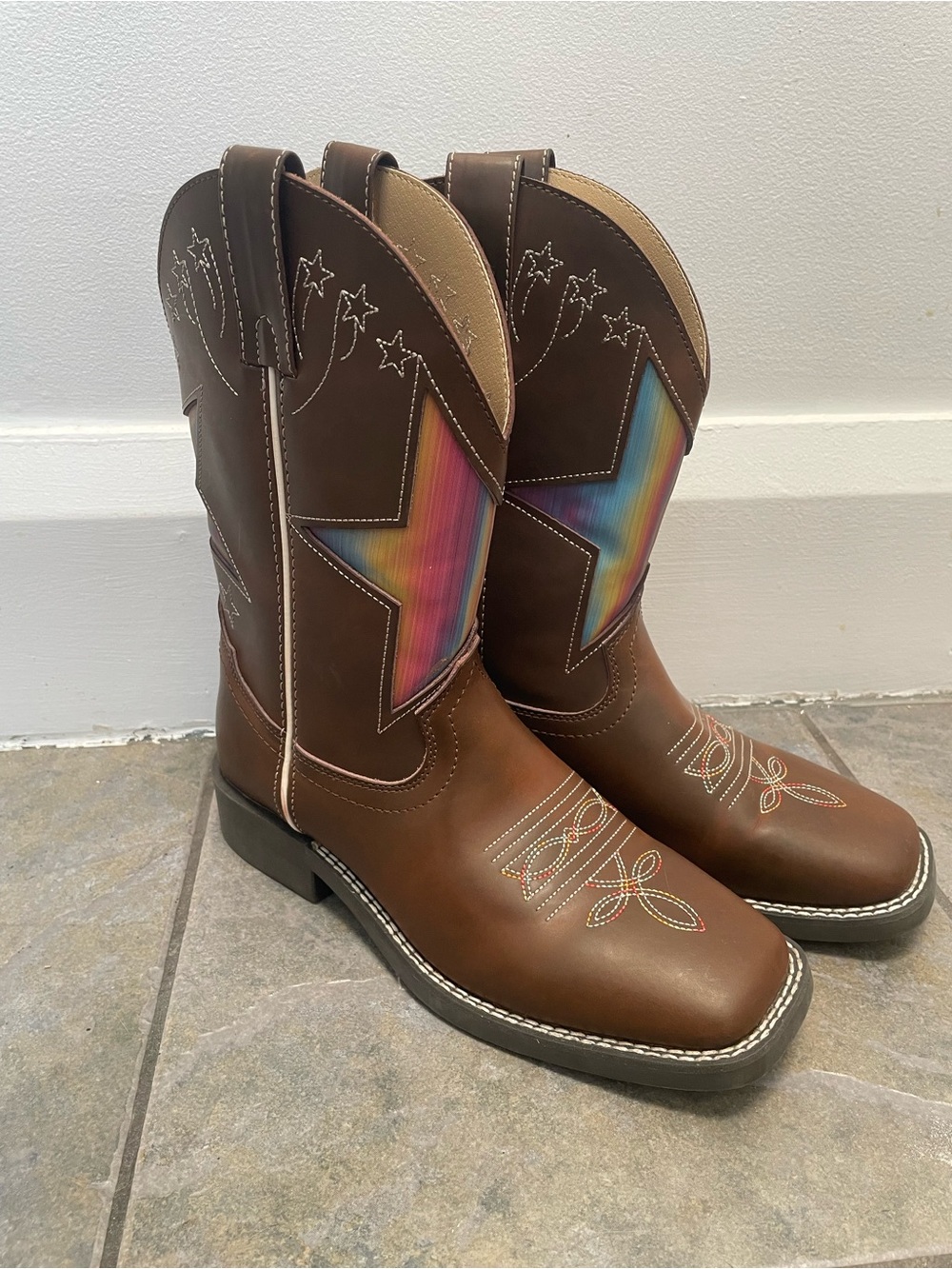 Shyanne Brown Kids Cowboy Boots with Rainbow Star Panels